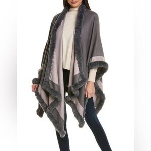 La Fiorentina Gray FAUX Fur Trim wrap poncho fall EUC